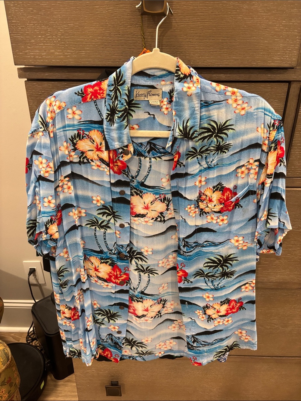 Kenny Flowers Blue Hawaiian Camp Shirt with Red & Cream Hibiscus